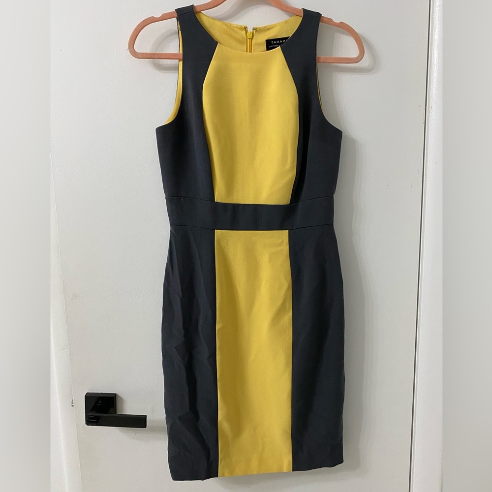 Tahari ASL yellow and gray dress